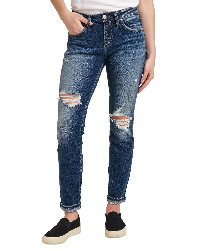 Silver Jeans Co. Womens Destructed Rolled Cuff Boyfriend Jeans Elegant Raw Hem Jeans Silver Jeans Co. Womens Destructed Rolled Cuff Boyfriend Jeans Elegant Raw Hem Jeans