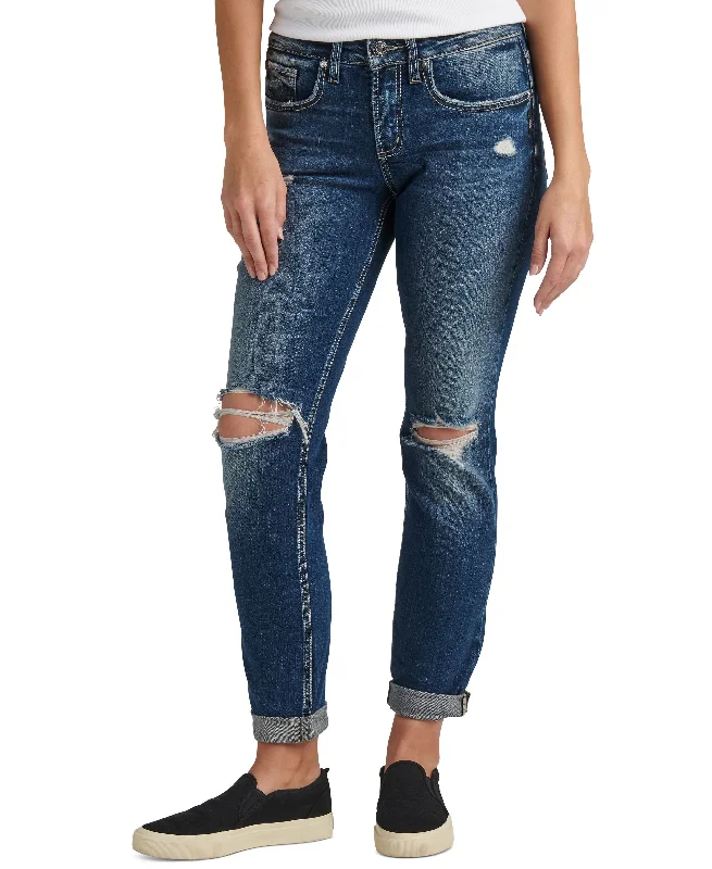 Silver Jeans Co. Womens Distressed Cuffed Boyfriend Jeans Comfortable Zip-Up Skinny Jeans Silver Jeans Co. Womens Distressed Cuffed Boyfriend Jeans Comfortable Zip-Up Skinny Jeans
