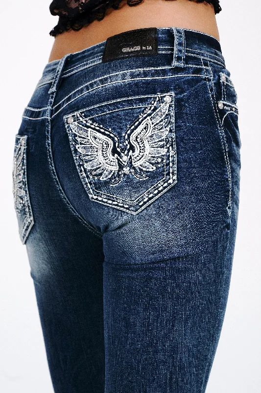 Wing Embroidery Mid Rise  Bootcut Jeans Stylish Bootcut Denim Jeans