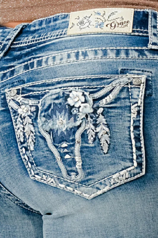Steer Head Embellished Mid Rise Bootcut Jeans Fashionable Slim Fit Jeans