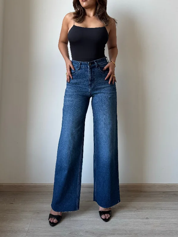 Twilight Blue Raw Hem Wide Leg Jeans Stylish Shredded Denim Jeans