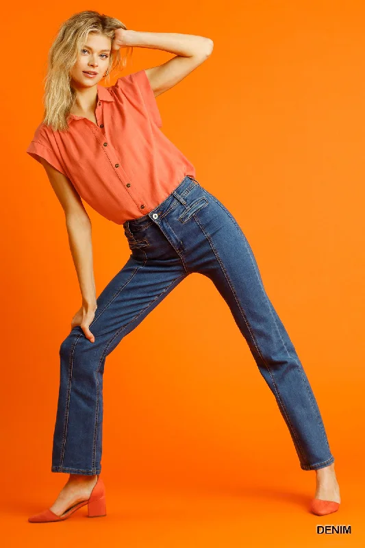 Panel Straight Cut Denim Jeans With Pockets Comfortable Stretch Fit Jeans