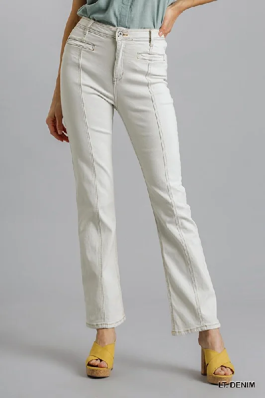 Panel Straight Cut Denim Jeans With Pockets Comfortable Faded High-Rise Jeans