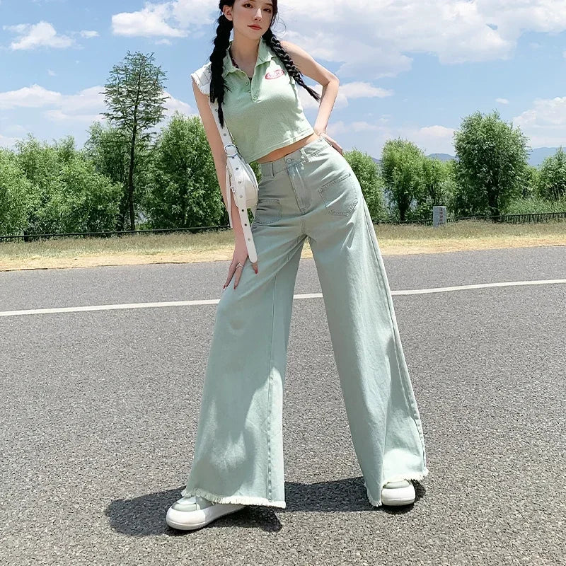 Vintage-Inspired Green Flare Jeans – High Waist Design Stylish Bootcut Denim Jeans