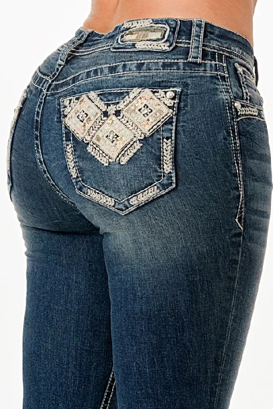 Aztec Embroidery Mid Rise  Bootcut Jeans Trendy Skinny Fit Jeans