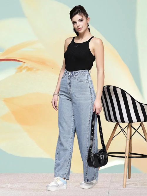 Wide Leg Light Indigo Plain Cotton Denim Jeans For Women Chic Faded Blue Jeans