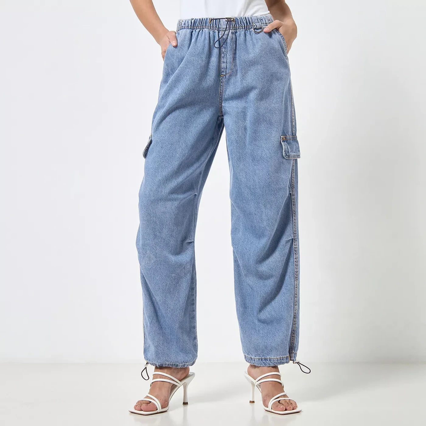Violet Blue Plain Parachute Cargo Jeans Comfortable Jogger Style Jeans