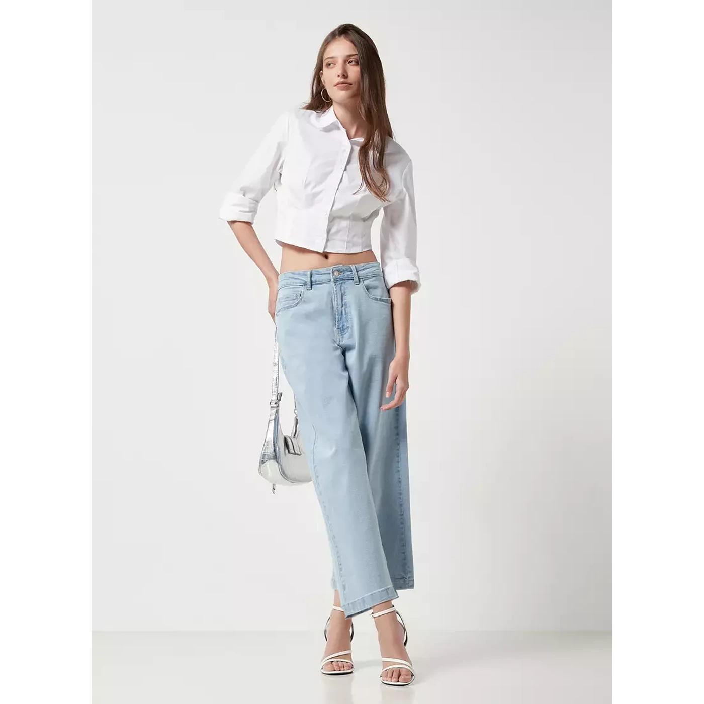 Light Blue High Rise Wide Leg Culotte Jeans Comfortable Zip-Fly Denim Jeans