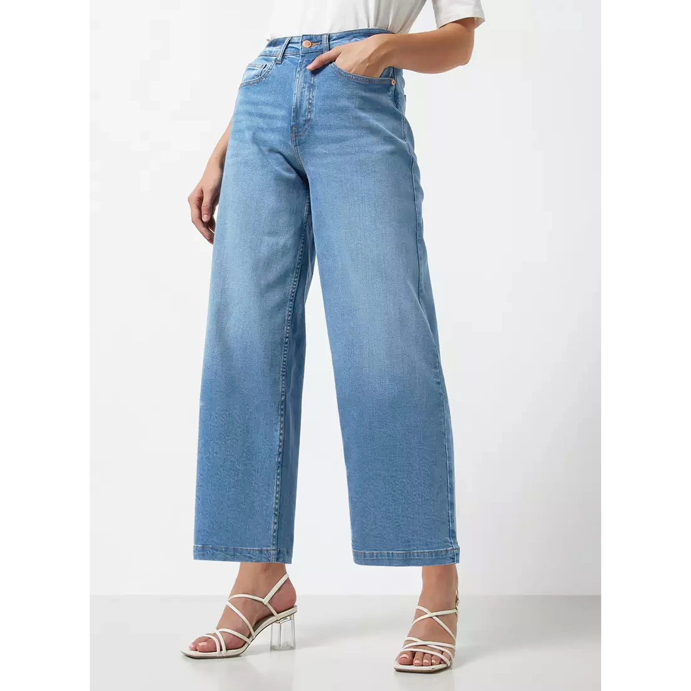 Mid Blue High Rise Wide Leg Culotte Jeans Fashionable Relaxed Fit Denim