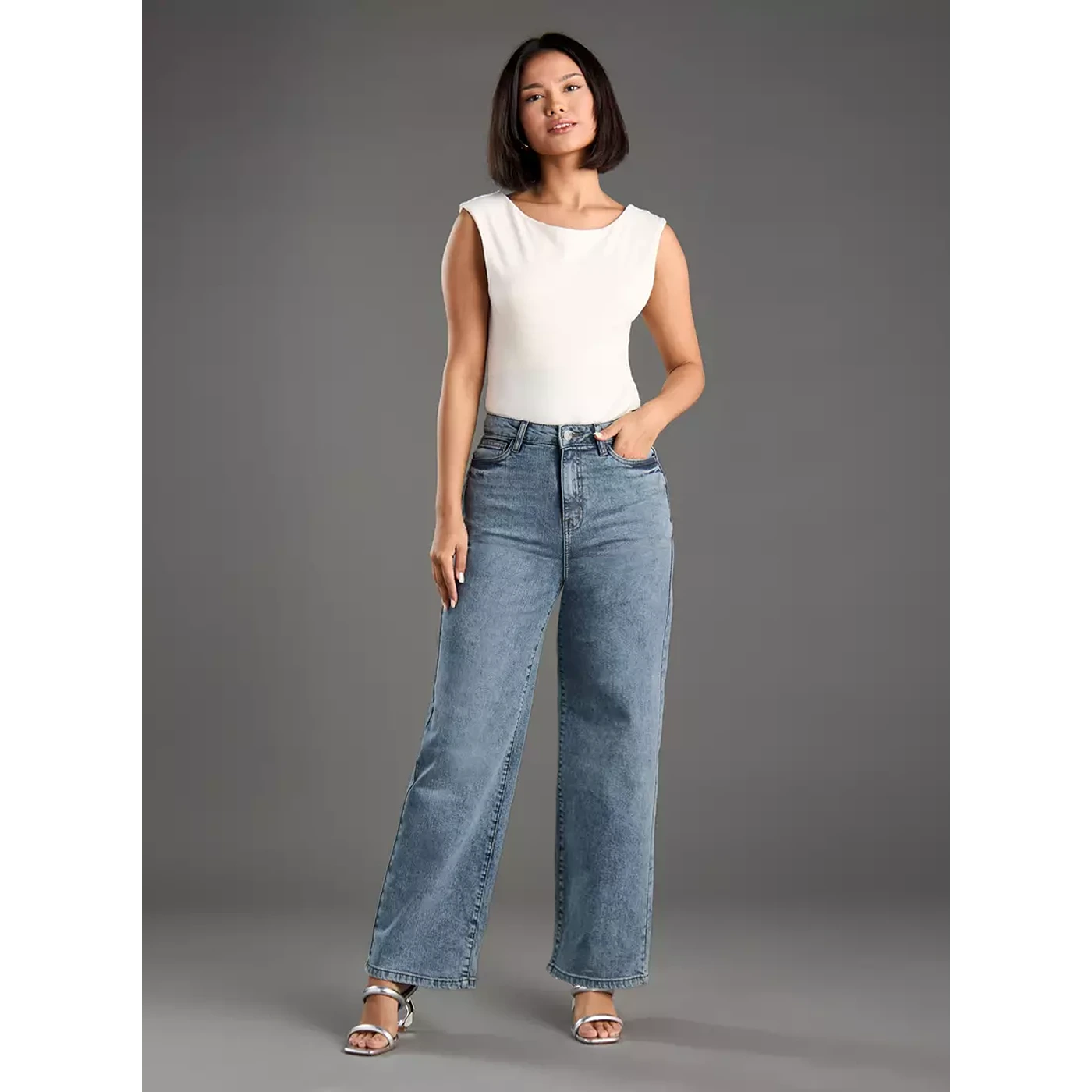 Plain Wide Leg High Jeans Comfortable Ankle Jeans
