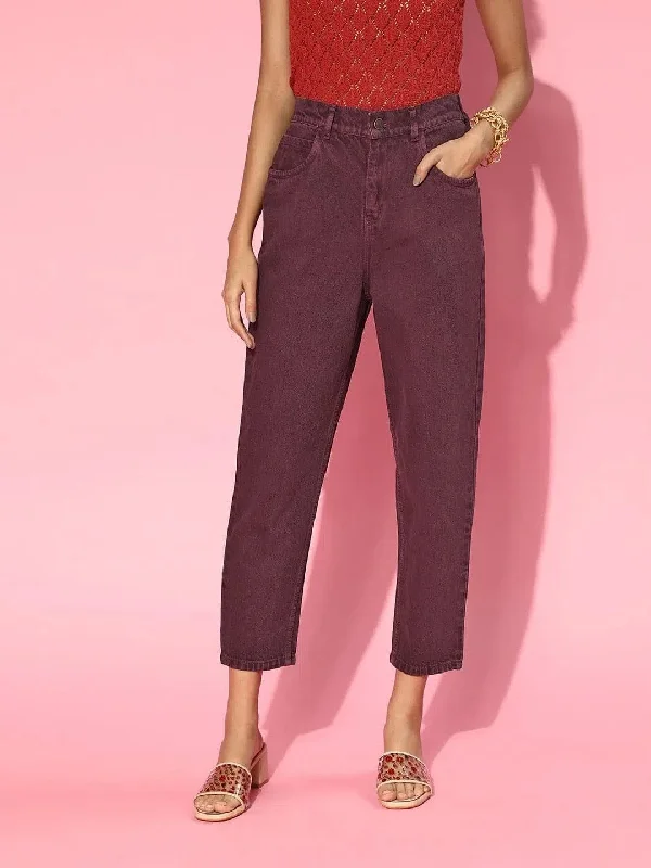 Women Burgundy High Waist Mom Fit Jeans Trendy Layered Pocket Jeans