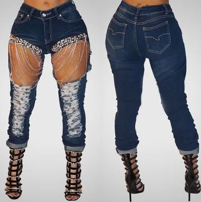 Women ripped chain jeans big size 2xl skinny jeans Fashionable Relaxed Fit Denim