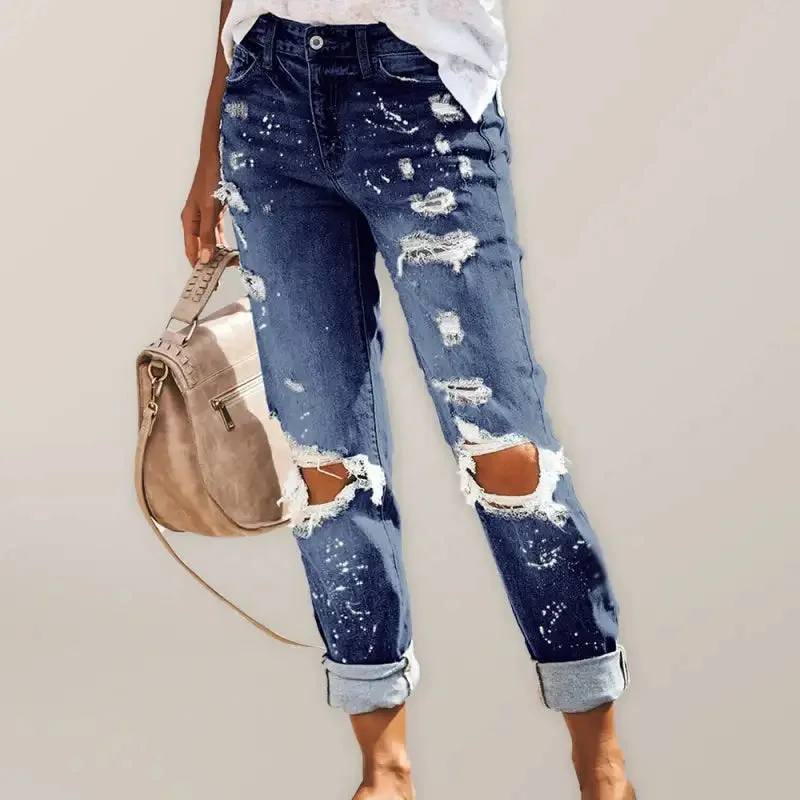 Women’s Five-pocket Style Ripped Straight Leg Cuffed Denim Jeans Trendy Skinny High-Waist Jeans Women’s Five-pocket Style Ripped Straight Leg Cuffed Denim Jeans Trendy Skinny High-Waist Jeans