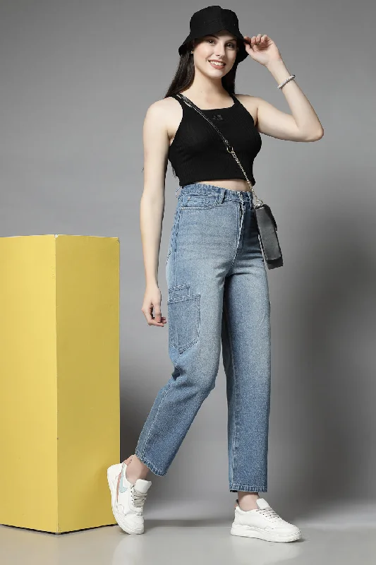 Women Smart Straight Fit High-Rise Jeans Casual Wide-Legged Denim Jeans