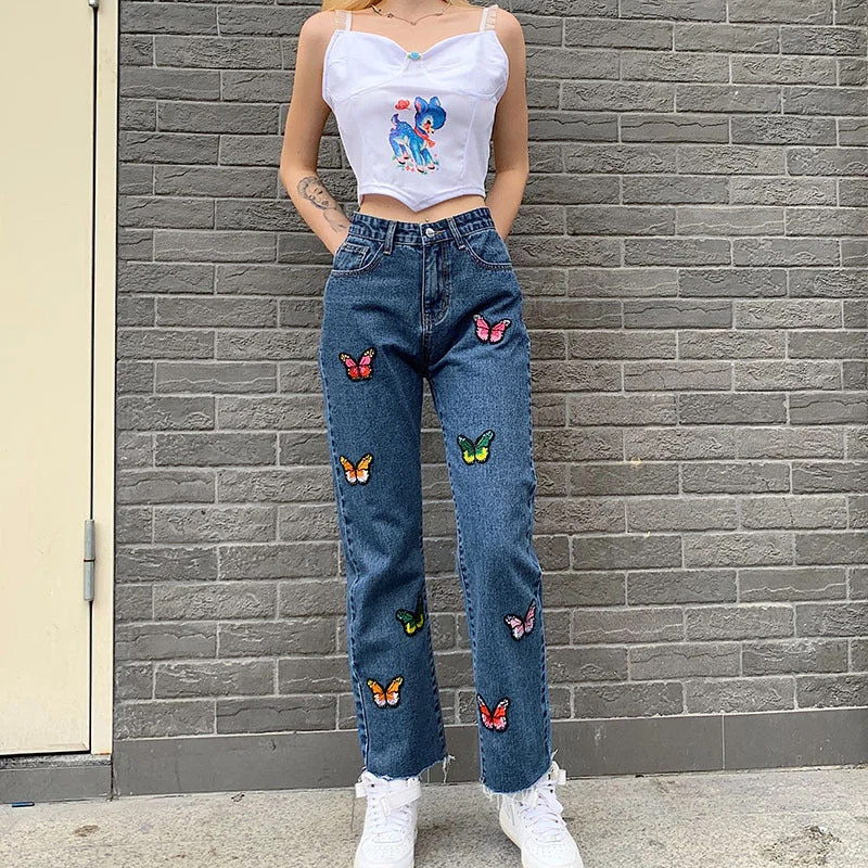 Women's butterfly straight jeans Classic Blue Denim Jeans