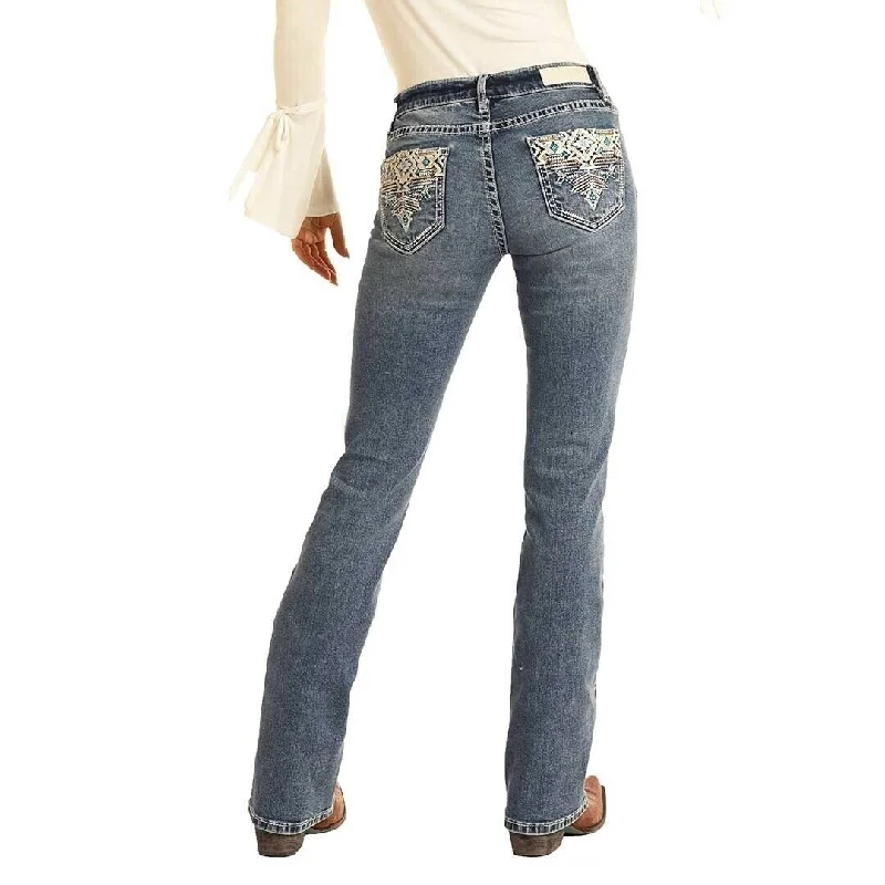 Women's ROCK & ROLL DENIM AZTEC WESTERN BOOTCUT JEANS Mid Rise